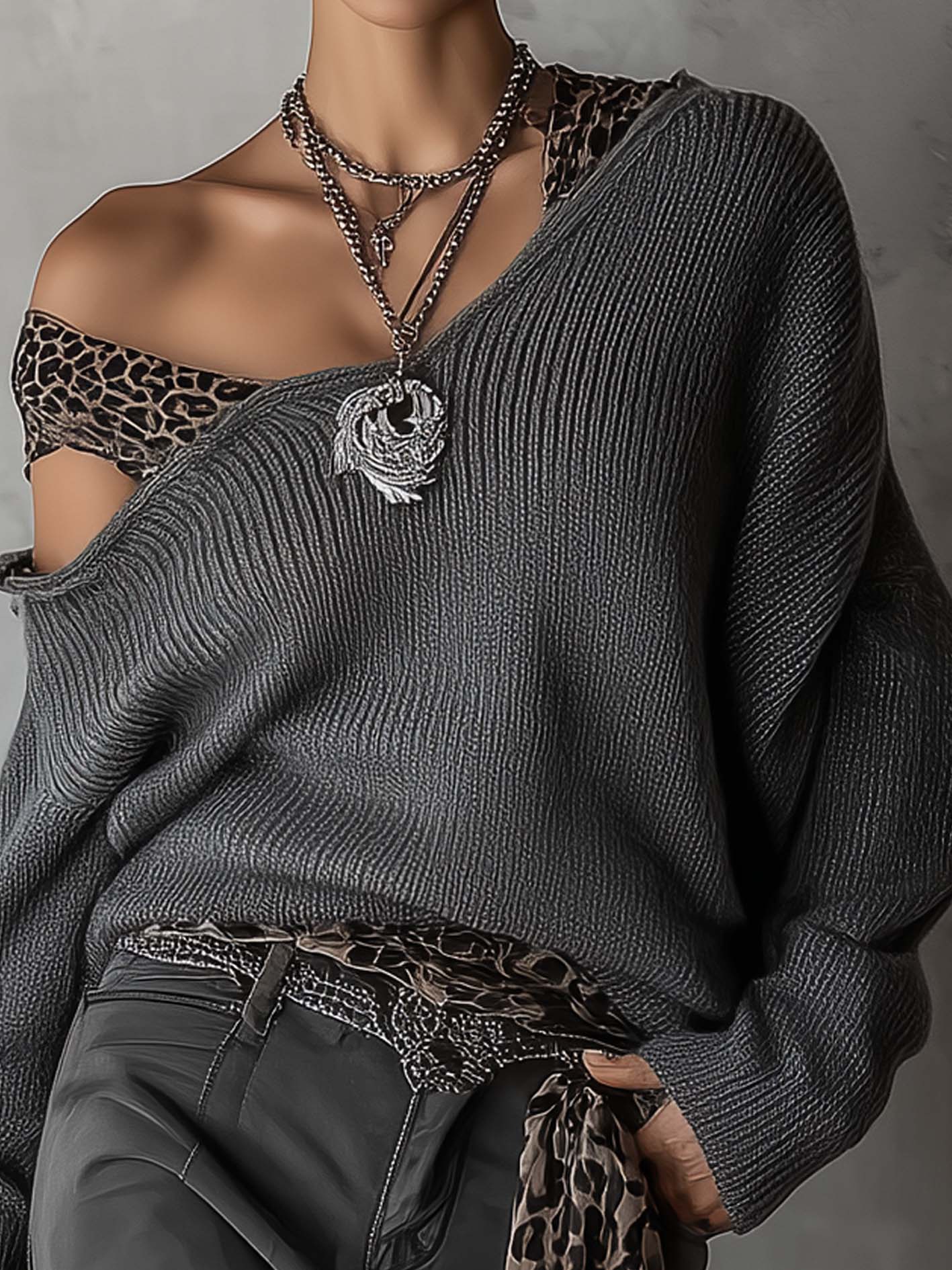 Gray Leopard Strap Loose Knit Sweater