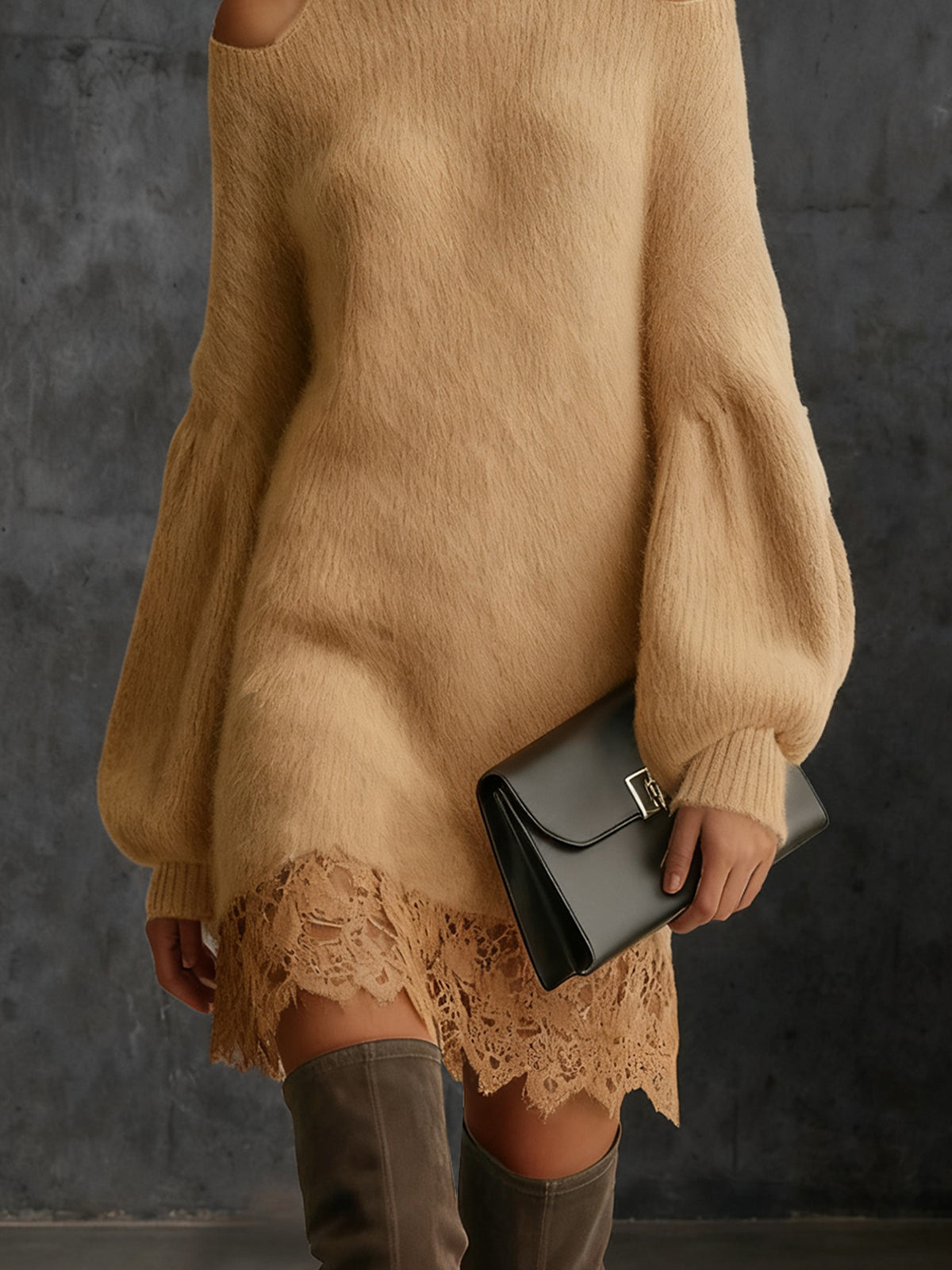 Cold Shoulder Camel Knit Dress With Lace Trim