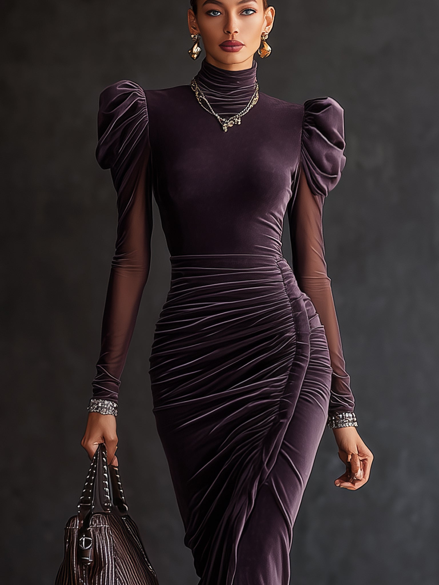 Plum Velvet Mesh Sleeve Draped Bodycon Dress