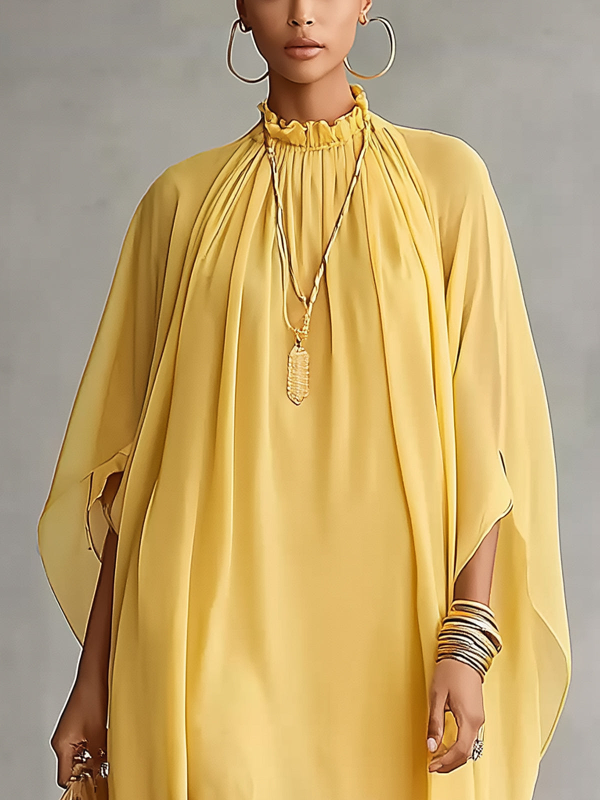 Yellow High-Neck Lace Trim Flowing Kaftan Dress