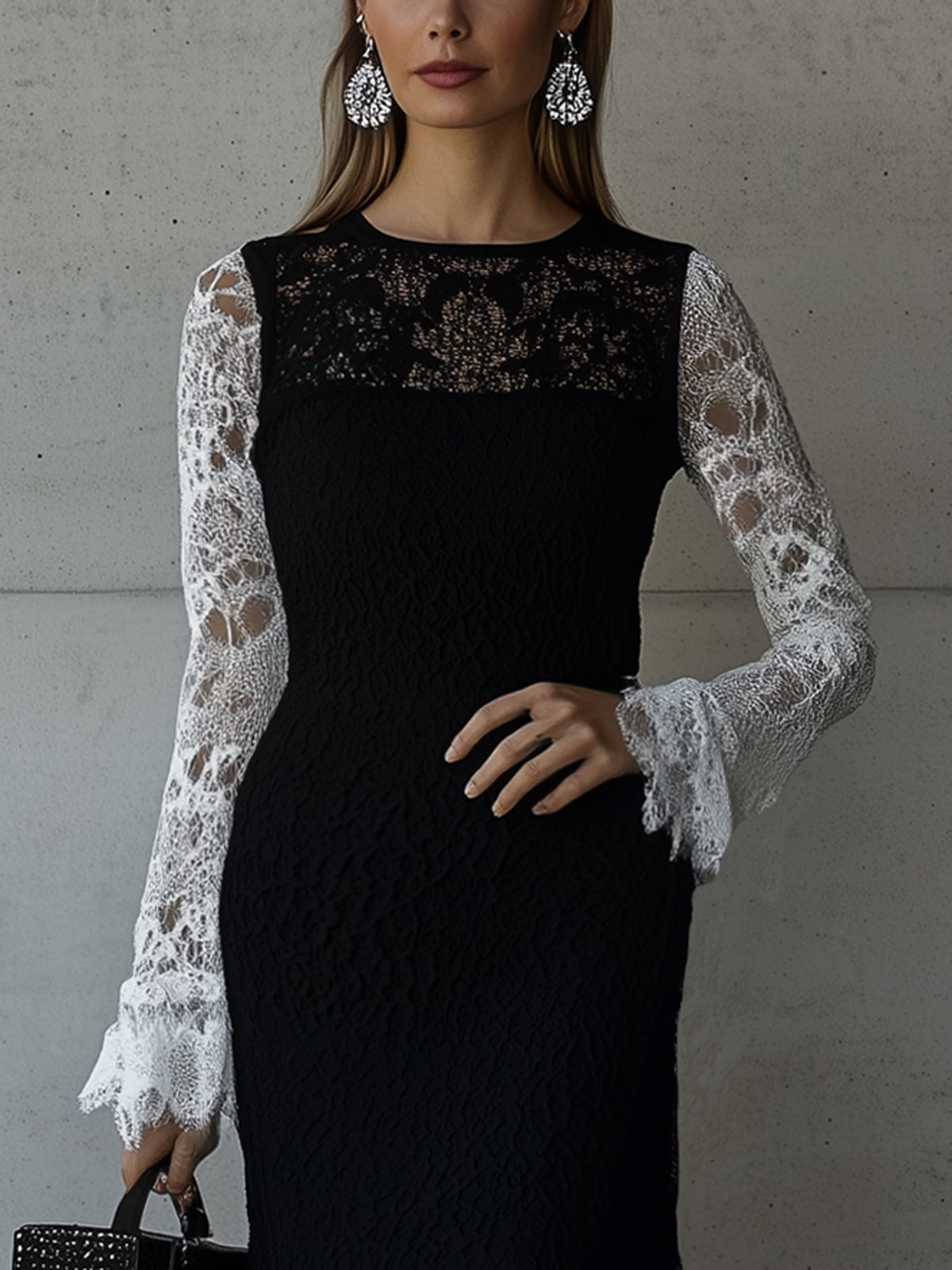 Black Lace Overlay Contrast Long Sleeve Crew Neck Maxi Dress