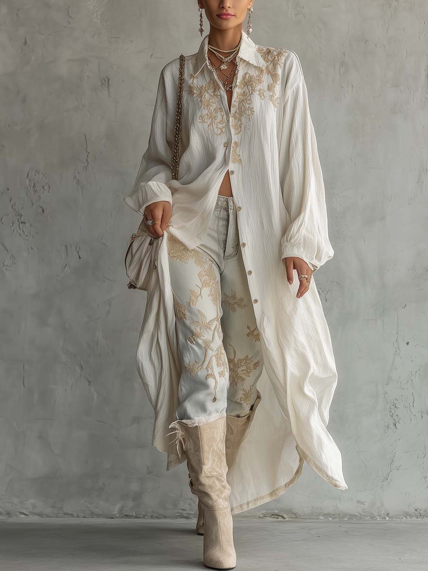 White Cotton Linen Embroidered Maxi Shirt Dress