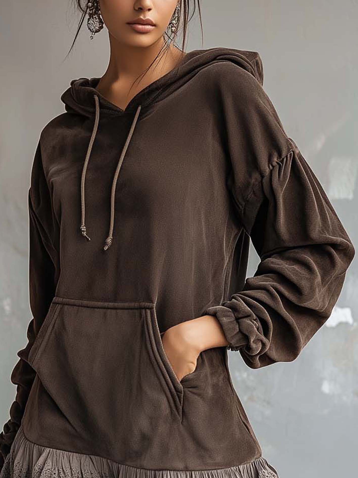 Dark Brown Faux Suede Hooded Mini Skirt With Lace Paneling
