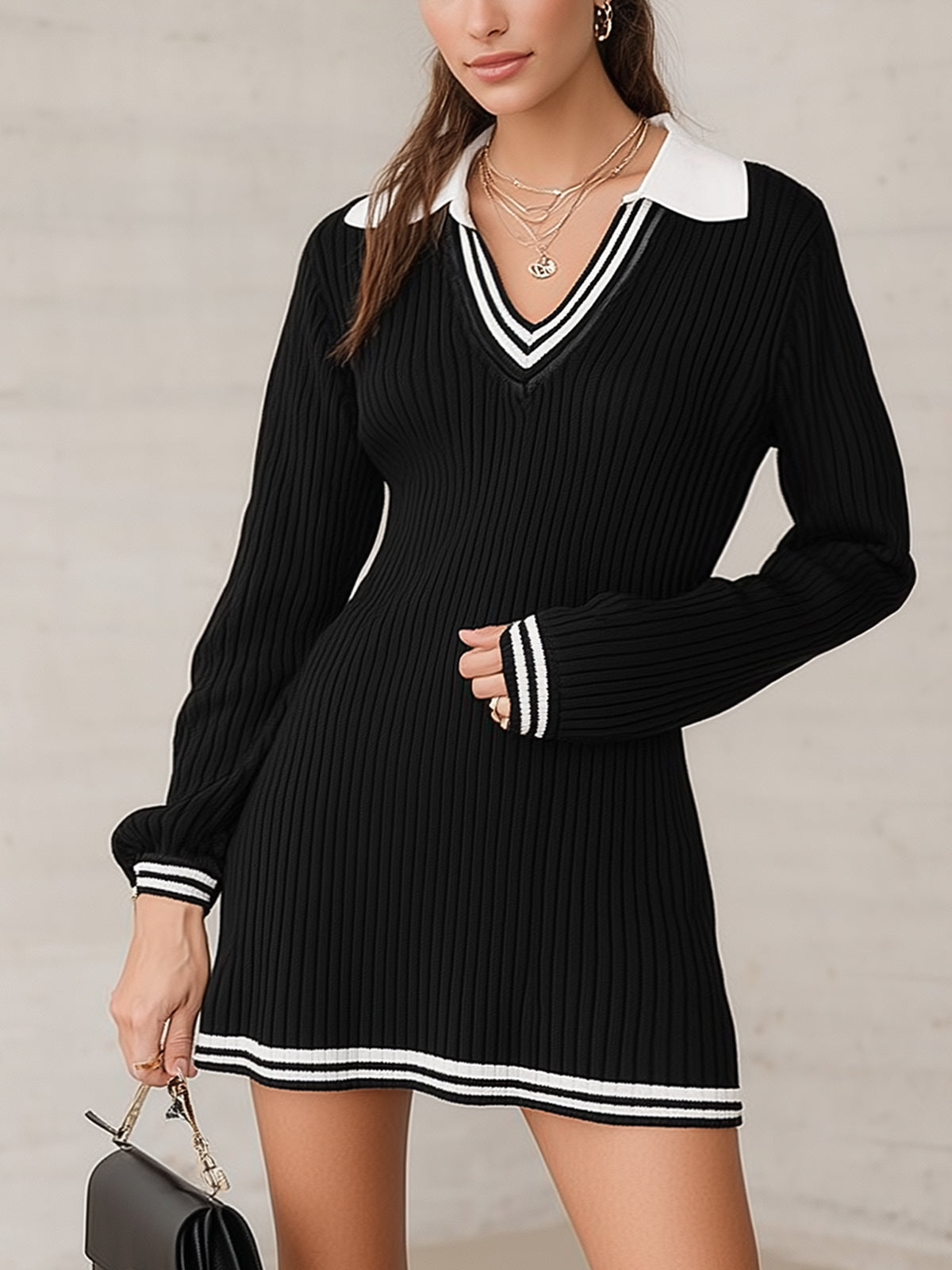 Black Ribbed Knit Polo Collar Mini Dress