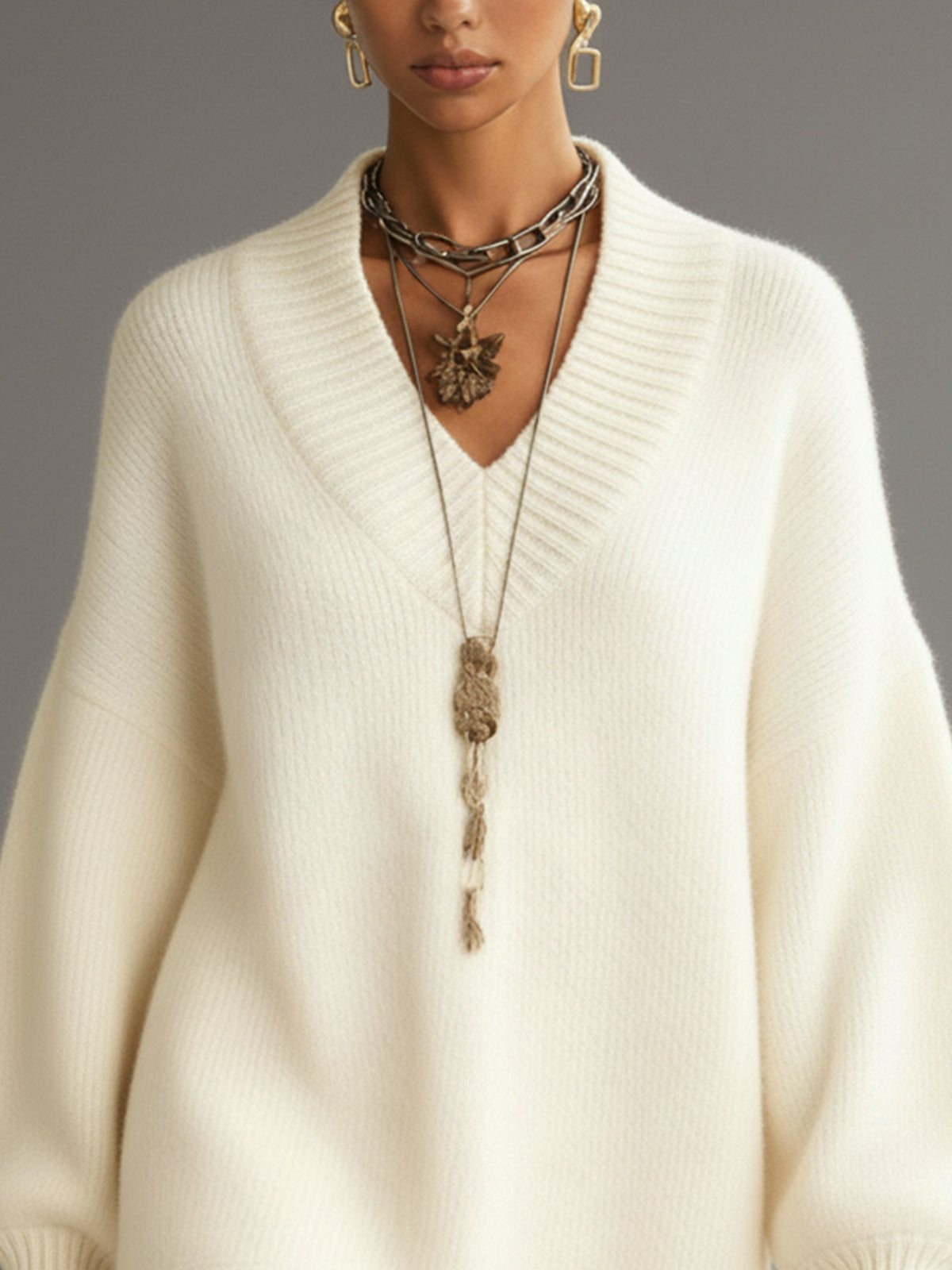 V-Neck White Knit Sweater Dress With Lace And Fringe Hem