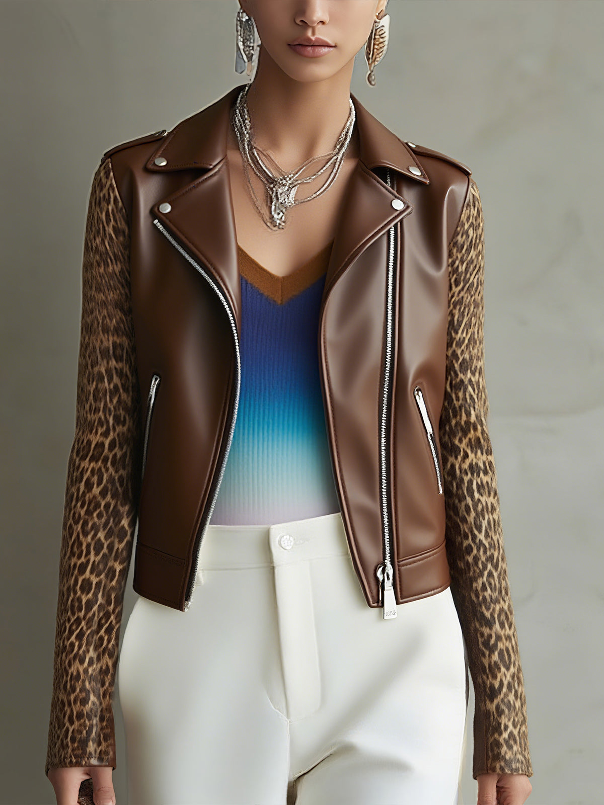 Leopard Sleeve Faux Leather Jacket