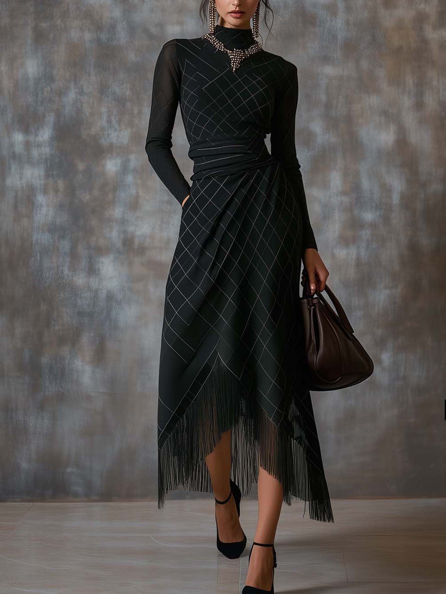 Emerald Checkered Midi Dress With Tassel Mesh Sleeves