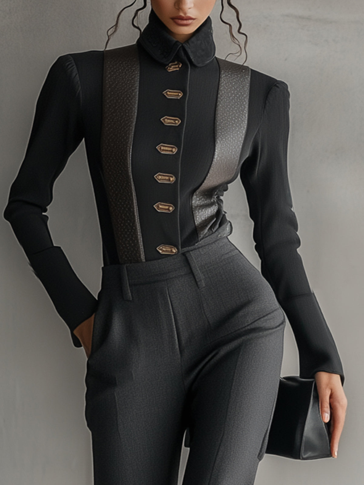 Black High-Collar Golden Button Two-Piece Set