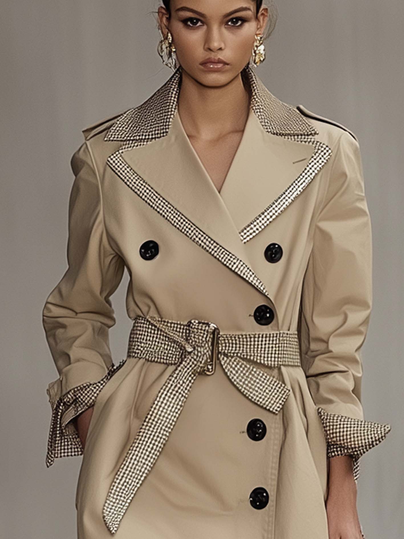 Belted Khaki Trench Coat With Stylish Webbing Panels