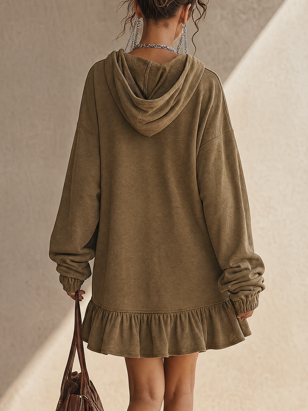 Olive Ruffle Hem Hooded V‑Neck Sweatshirt Mini Dress