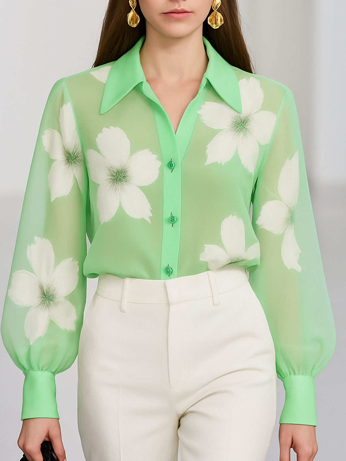Elegant Sheer Green Floral Print Blouse