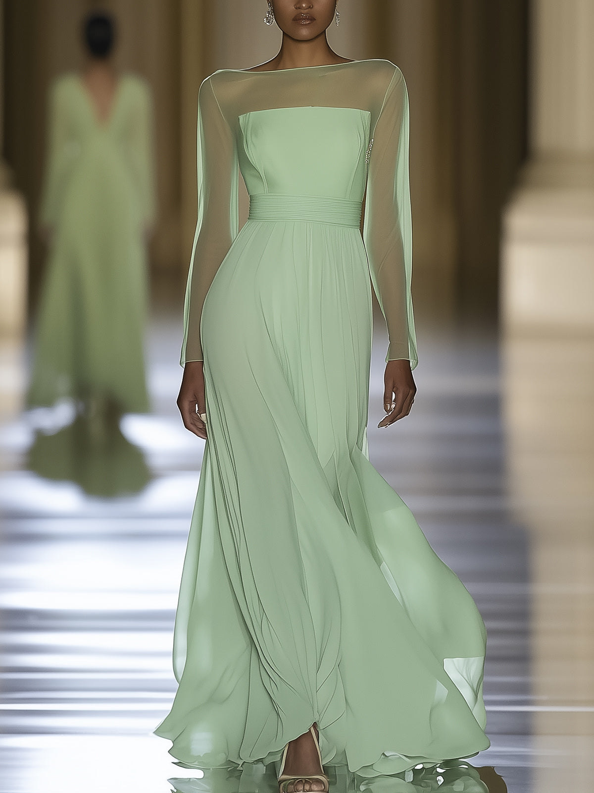 Light Green Chiffon Maxi Dress With Mesh Neckline And Long Sleeves