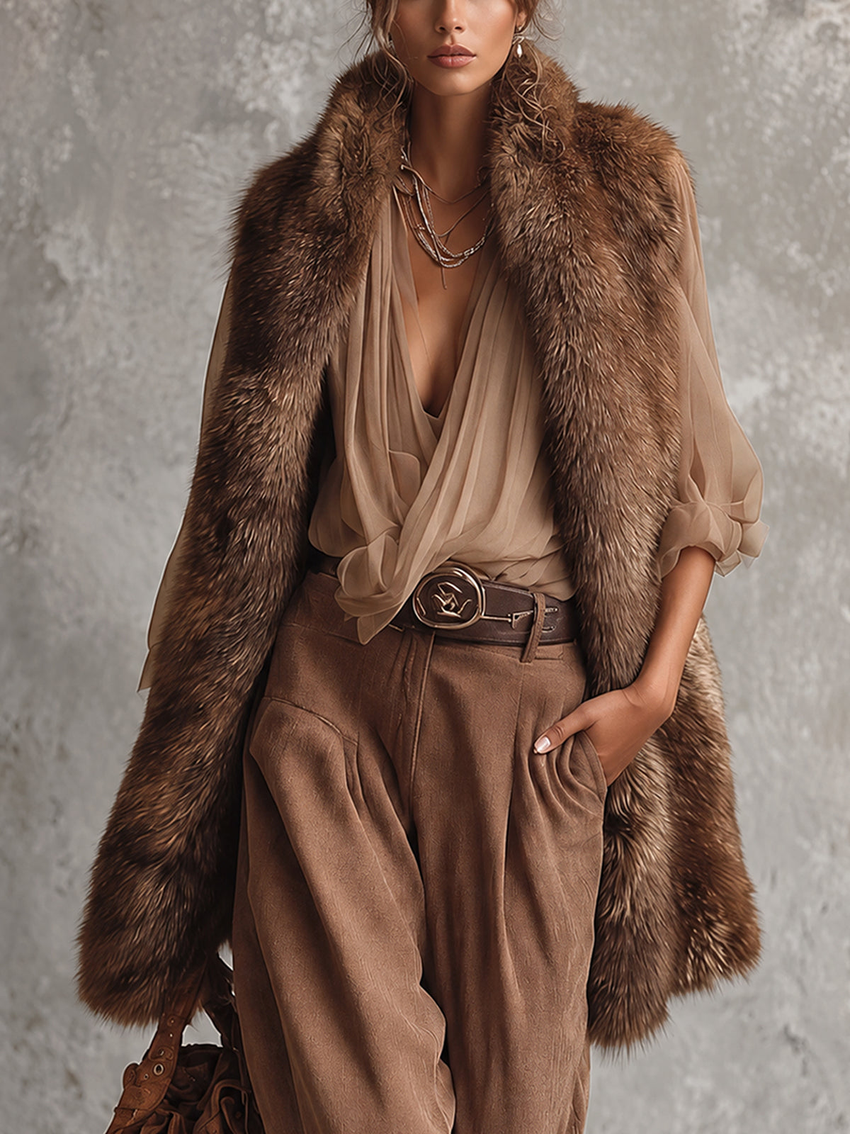 Brown Oversized Faux Fox Fur Sleeveless Longline Coat