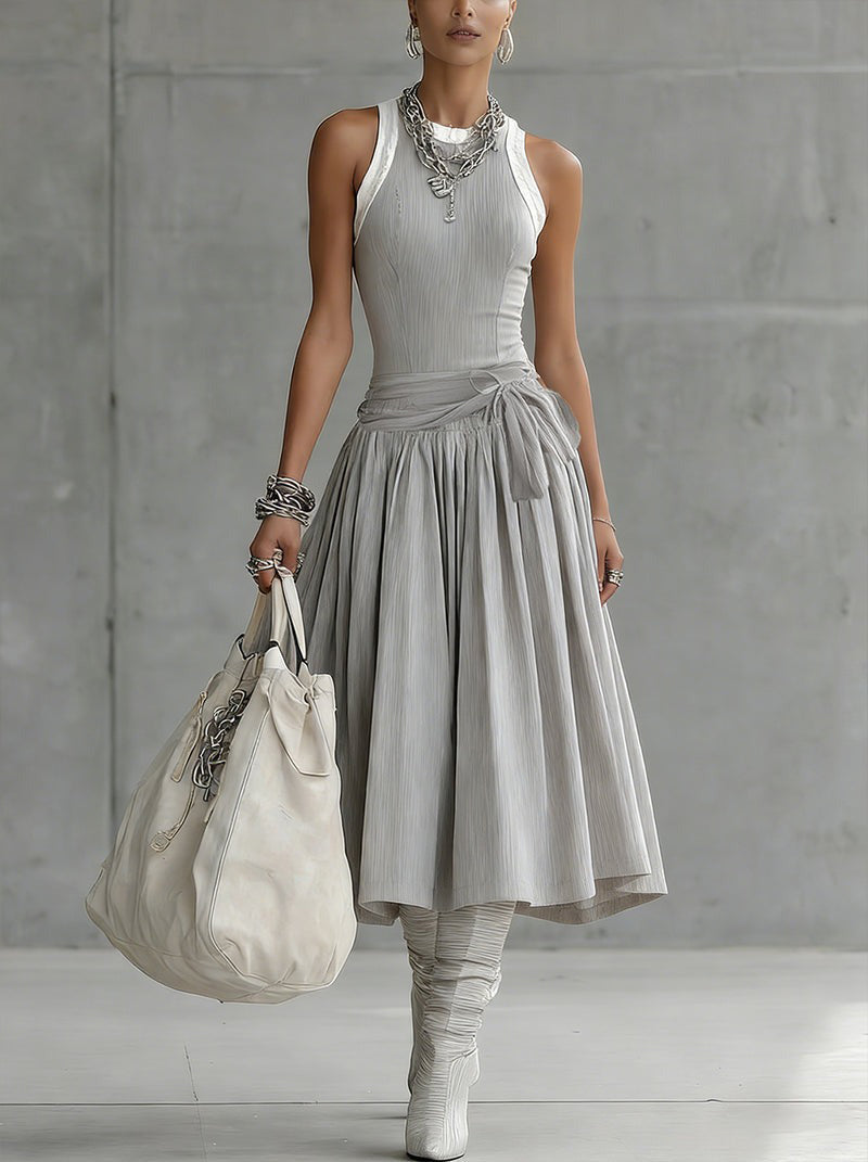 Gray Ribbed Tank Bodice Draped Midi Dress