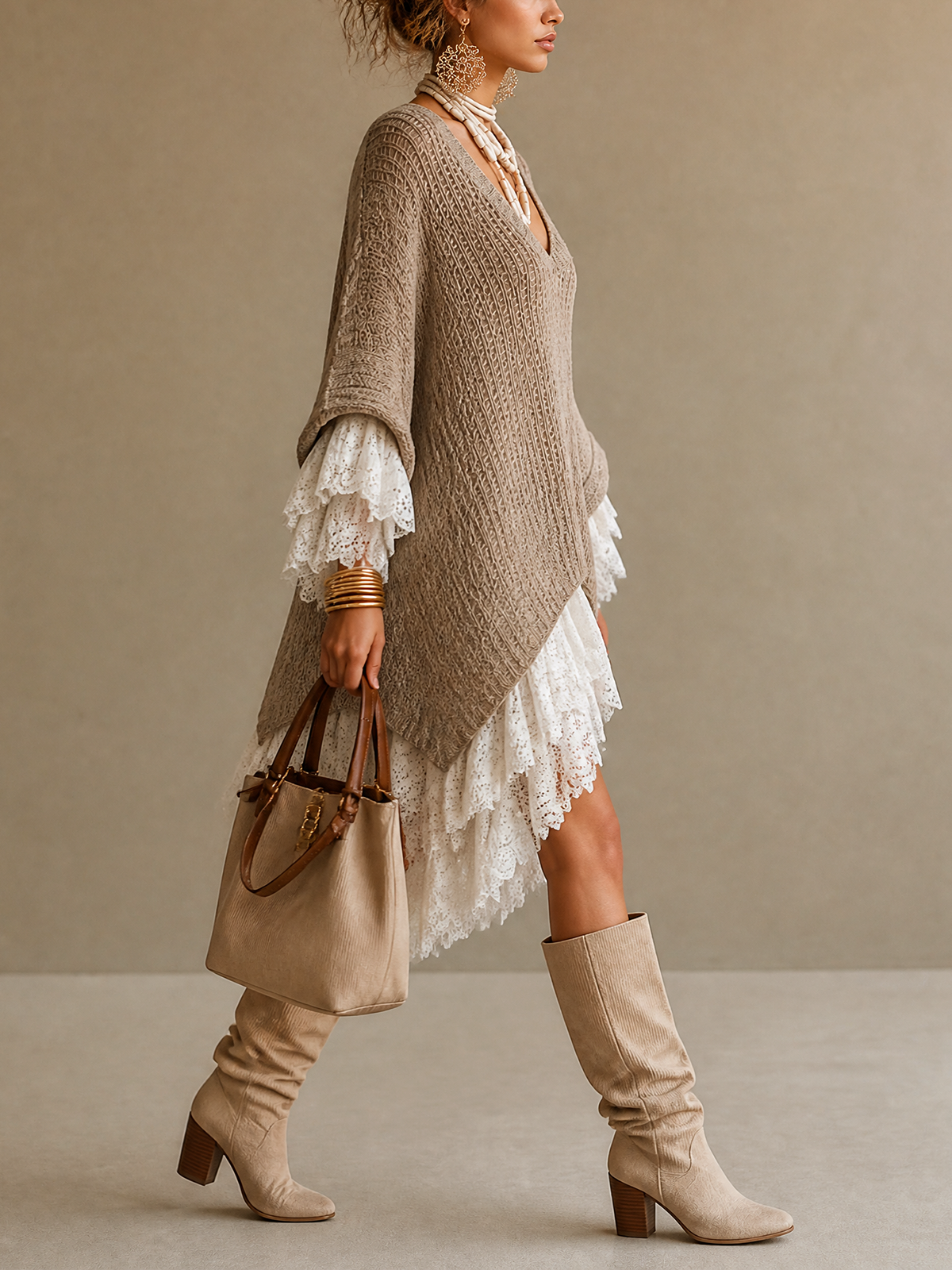 Taupe Faux Two‑Piece Knit Lace V‑Neck Mini Dress