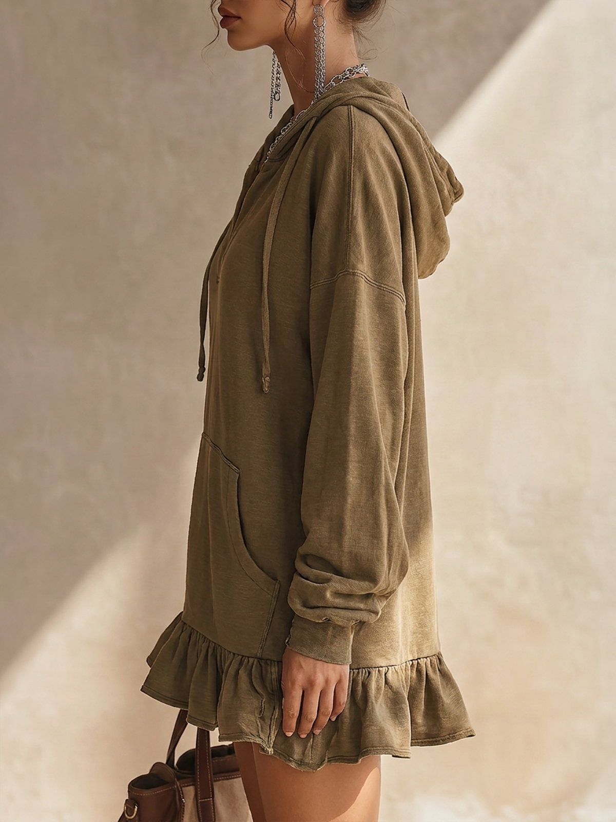 Olive Ruffle Hem Hooded V‑Neck Sweatshirt Mini Dress