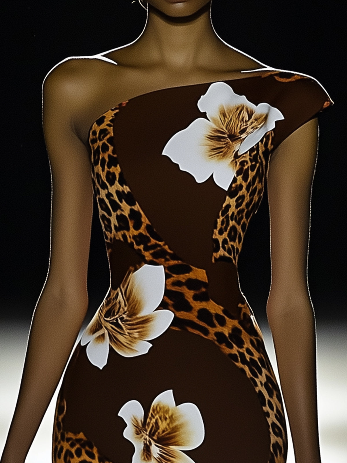 One Shoulder Leopard And Floral Print Bodycon Dress