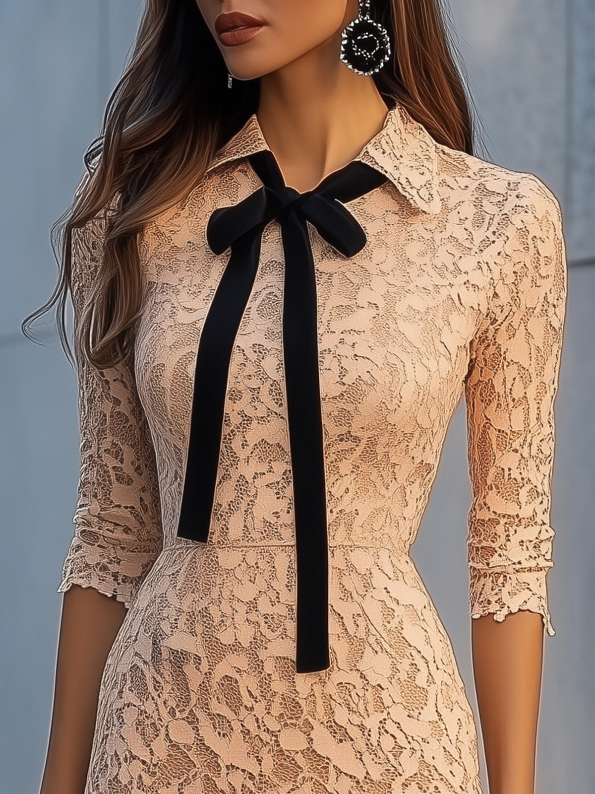 Beige Lace Lapel Bodycon Dress With Black Tie And Lining