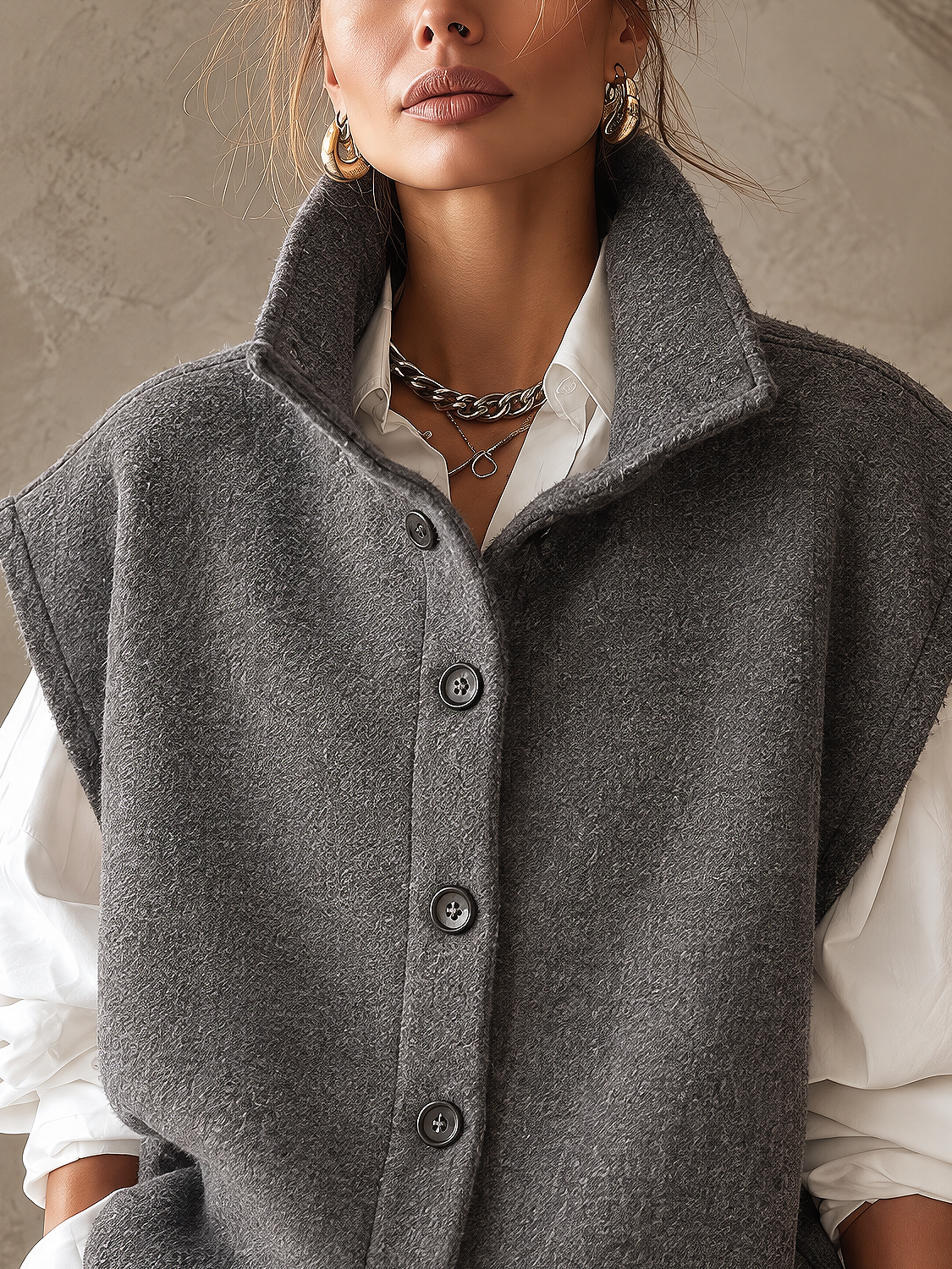 Dark Grey Stand Collar Vest And White Drop Shoulder Shirt Two Piece Set