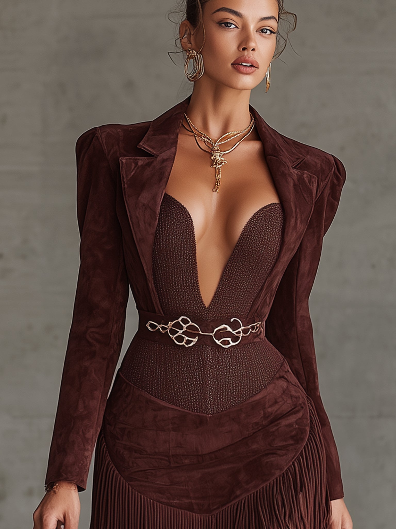 Rust Brown Suede Fringe Knit Mini Dress