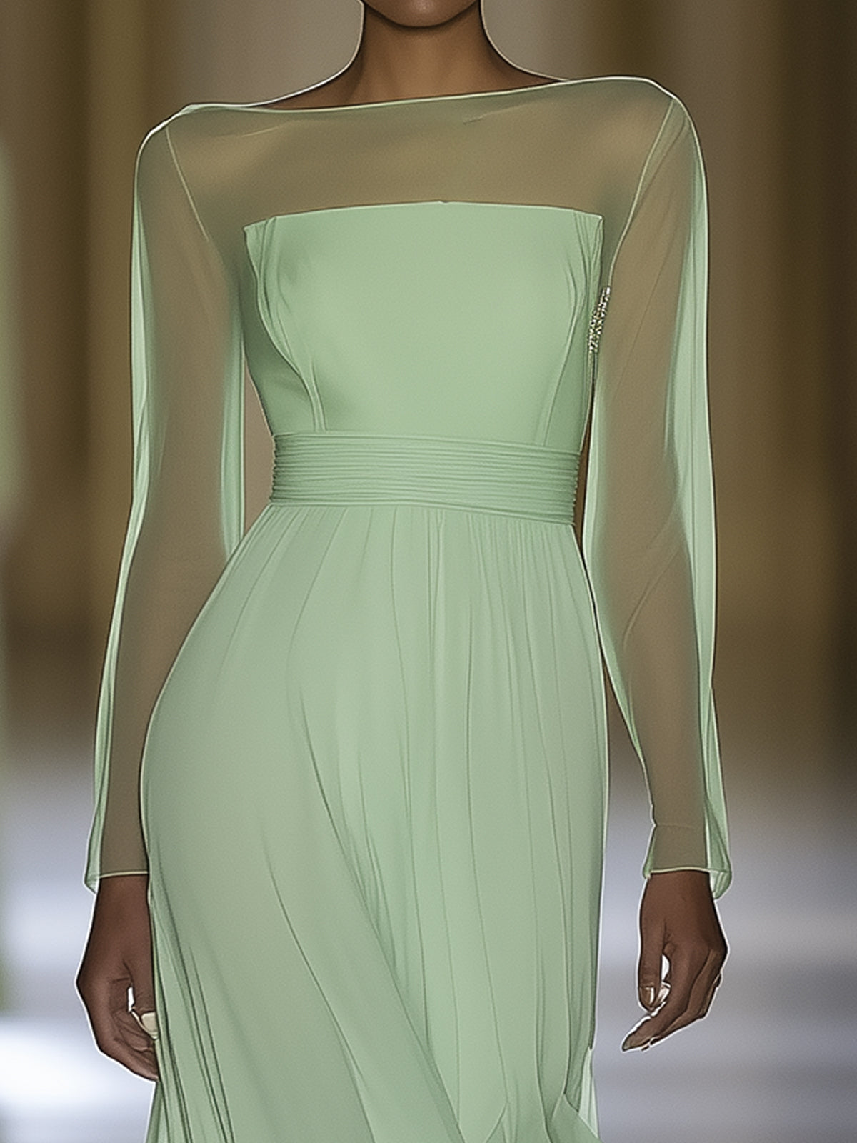 Light Green Chiffon Maxi Dress With Mesh Neckline And Long Sleeves