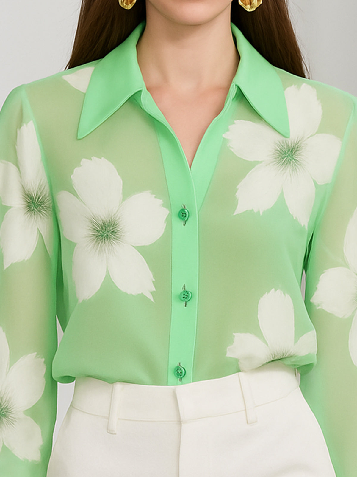 Elegant Sheer Green Floral Print Blouse