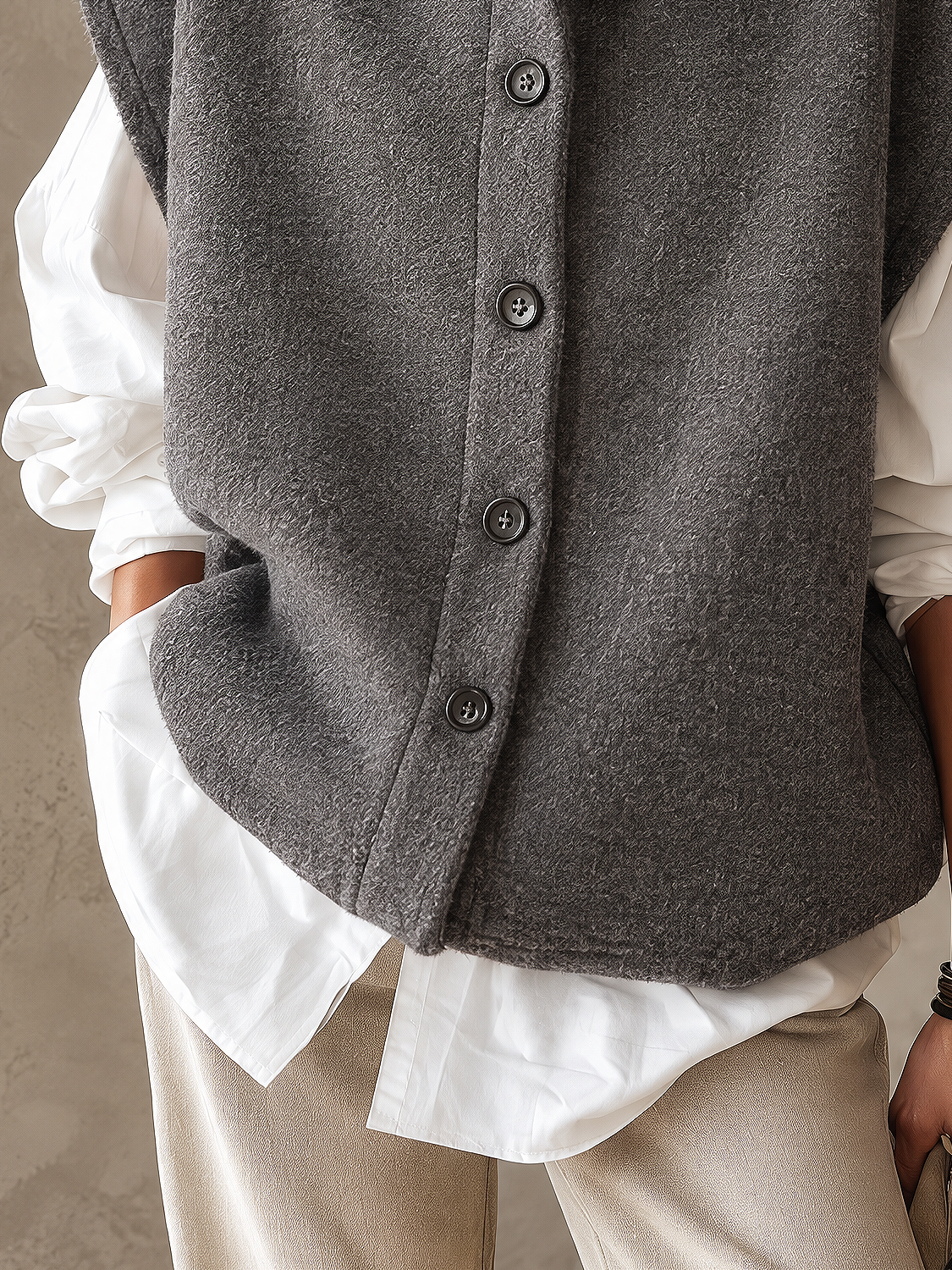Dark Grey Stand Collar Vest And White Drop Shoulder Shirt Two Piece Set