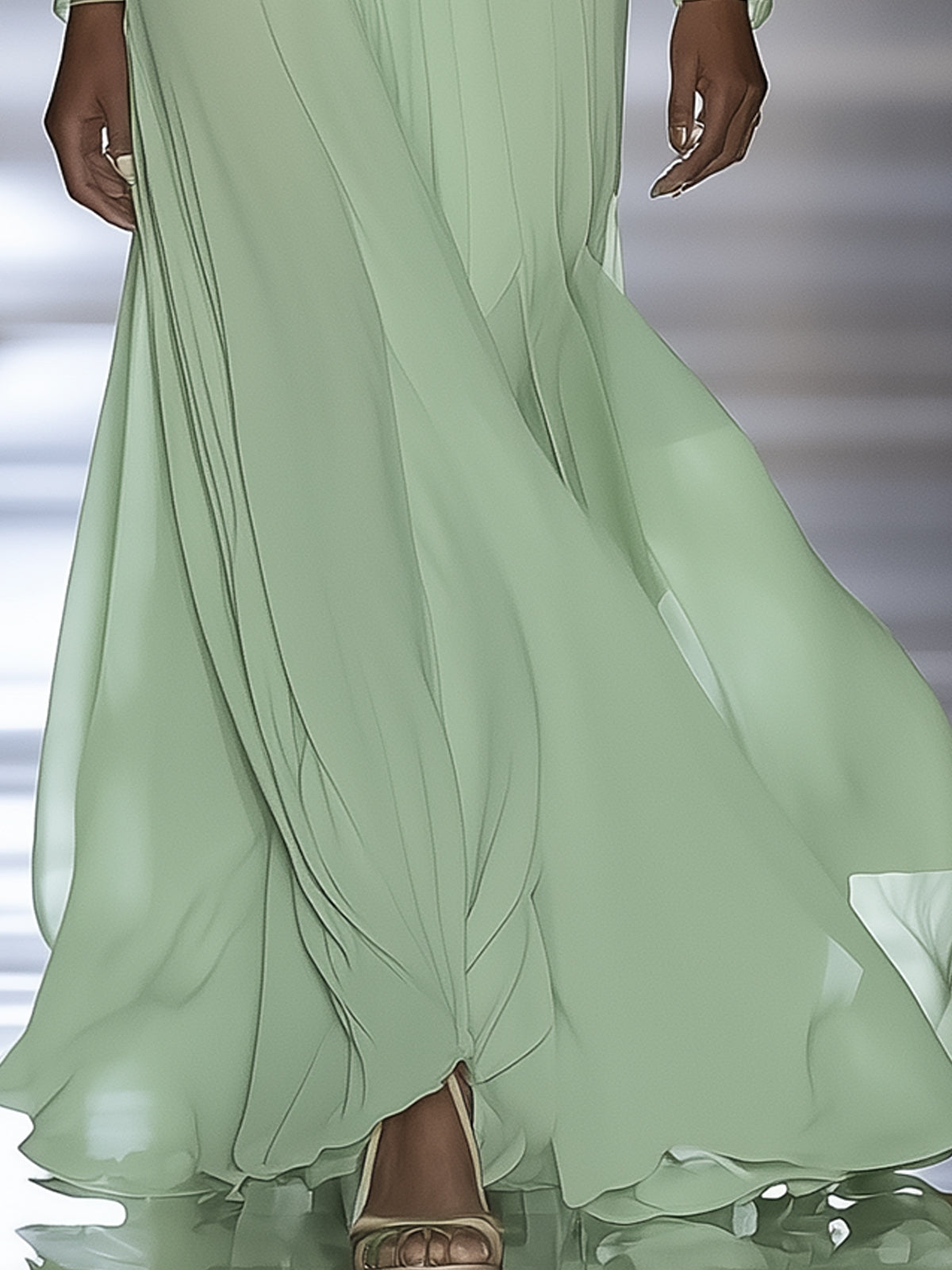 Light Green Chiffon Maxi Dress With Mesh Neckline And Long Sleeves