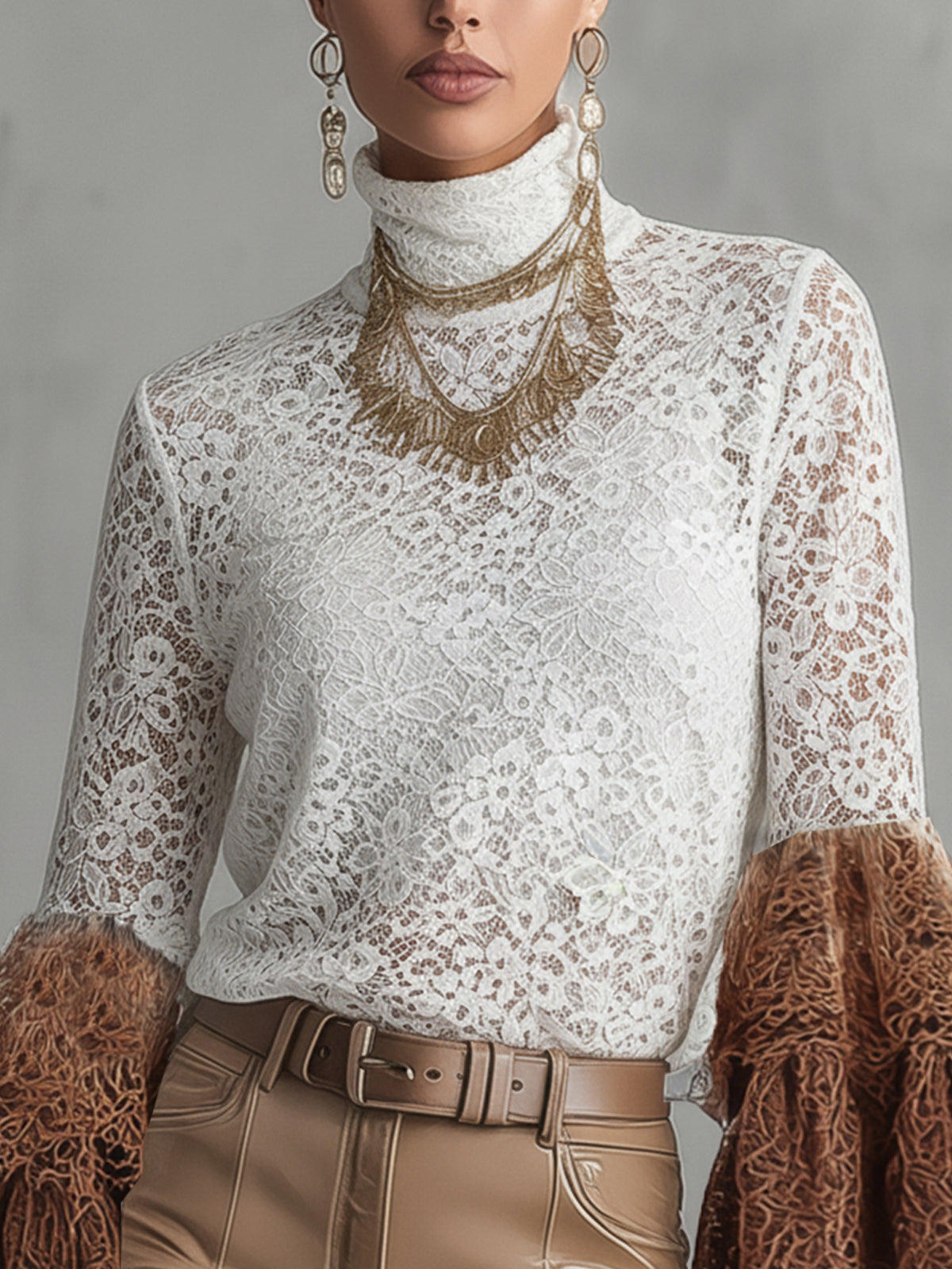 White Lace Turtleneck Blouse With Brown Flared Sleeves