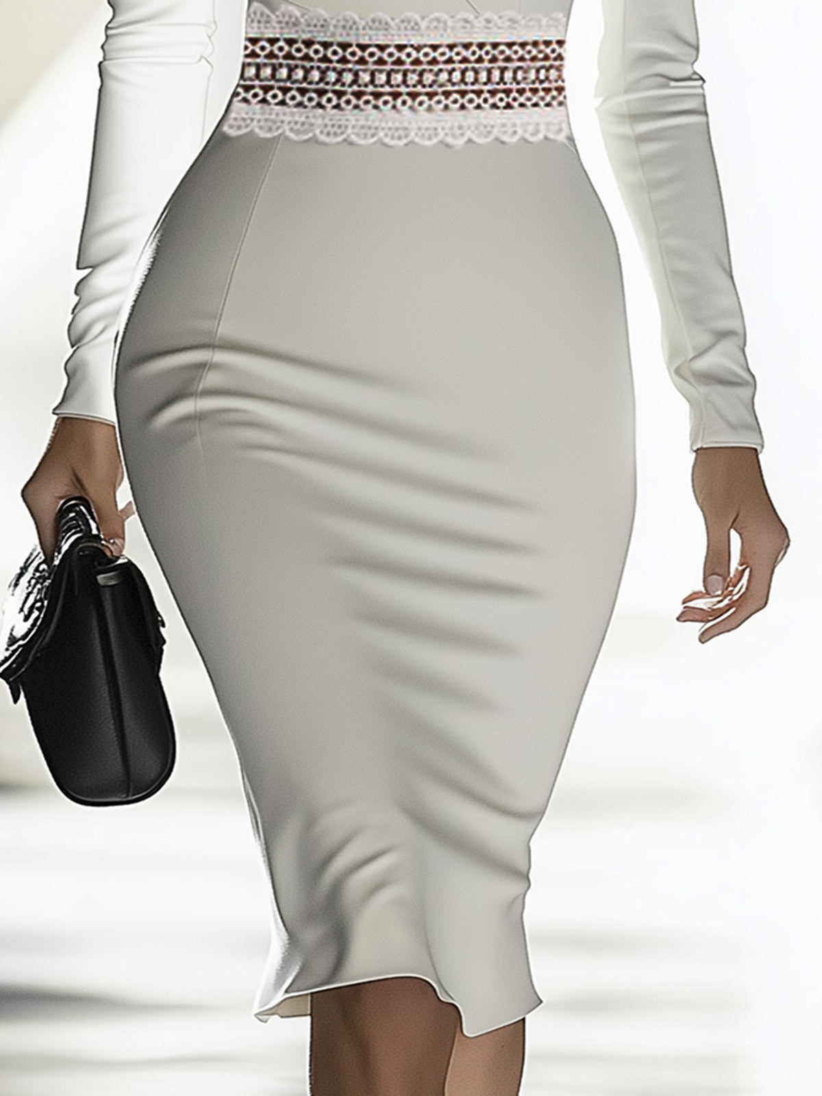 White V-Neck Bodycon Dress With Waist Cut-Out Design