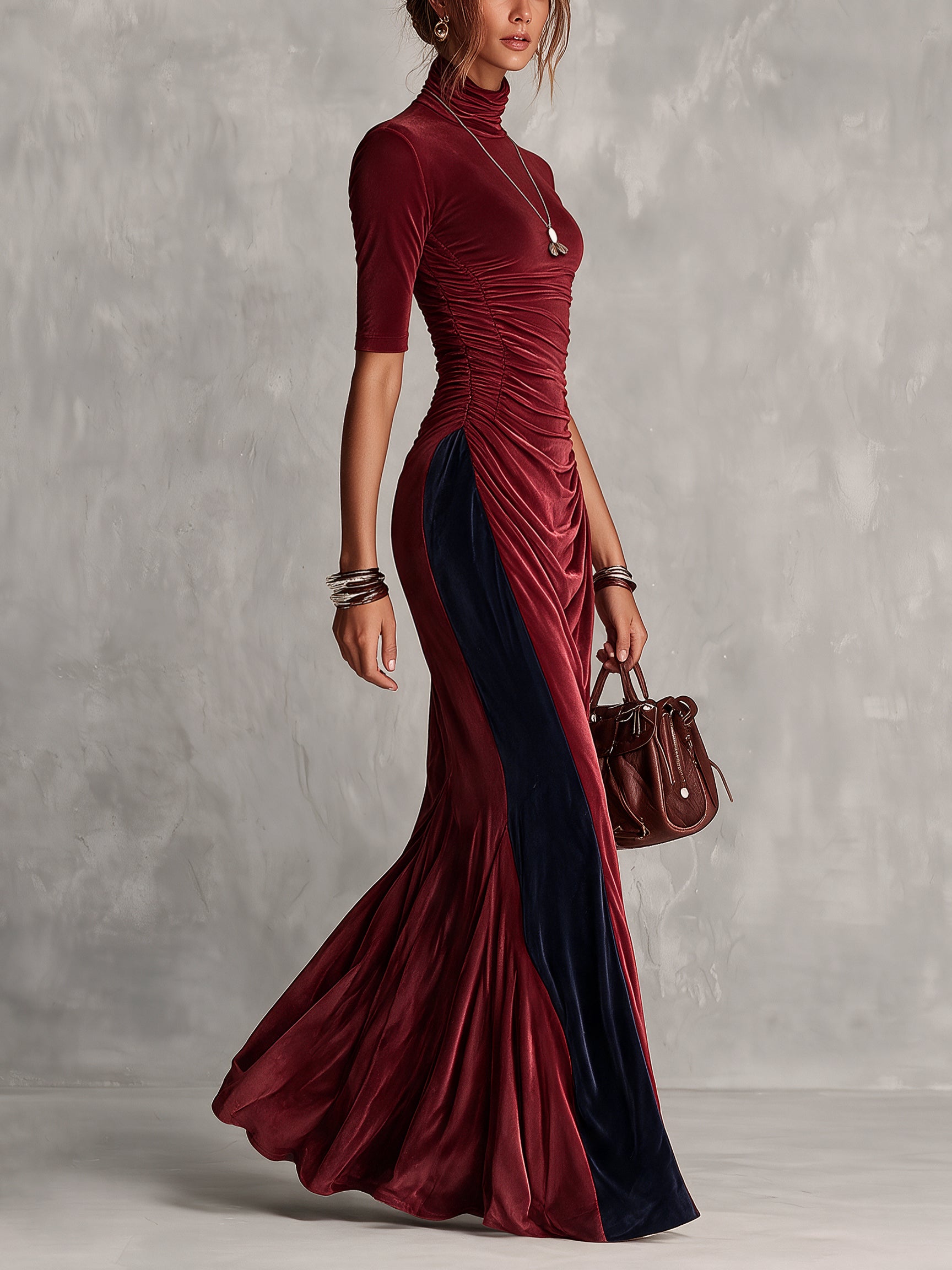 Burgundy And Navy Colorblock Velvet Mock Neck Mermaid Maxi Dress