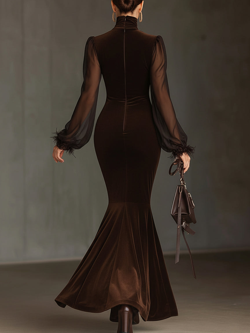 Brown Velvet Chiffon Feather Sleeve Maxi Dress