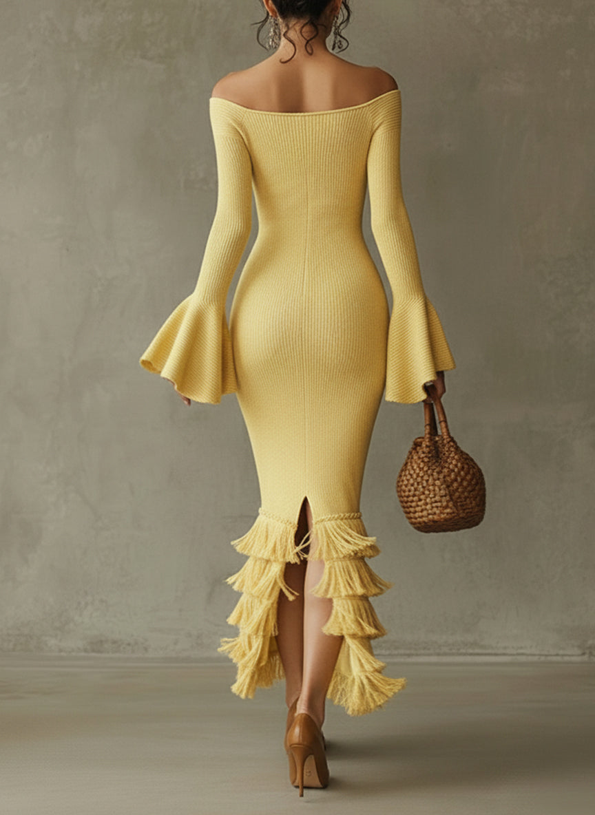 Yellow Off Shoulder Fringe Lightweight Knit Bodycon Dress
