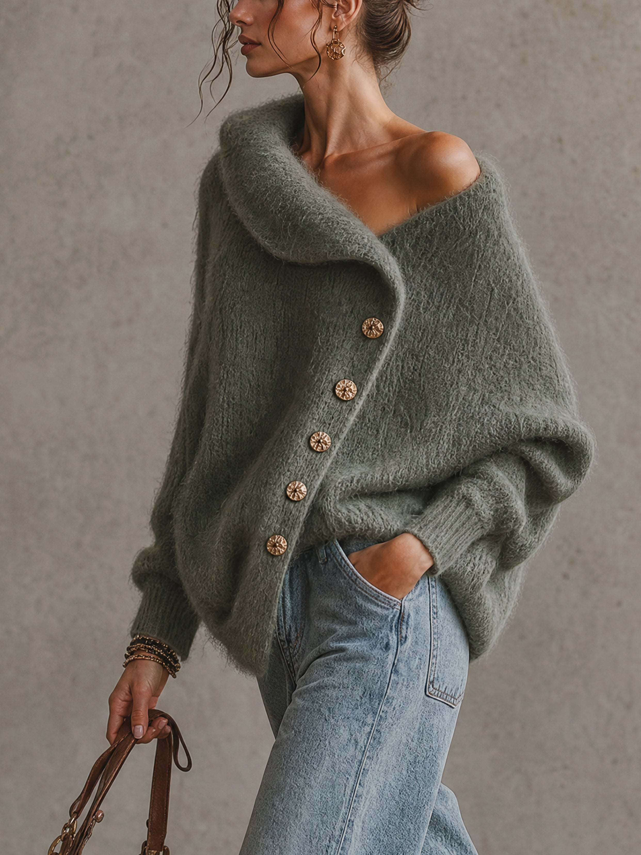 Olive Green Alpaca Blend Off Shoulder Loose Sweater