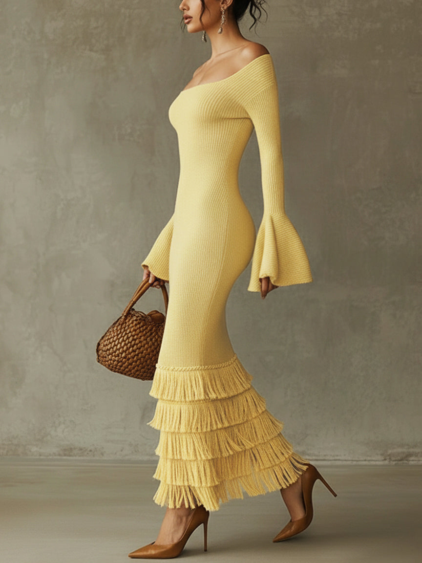 Yellow Off Shoulder Fringe Lightweight Knit Bodycon Dress