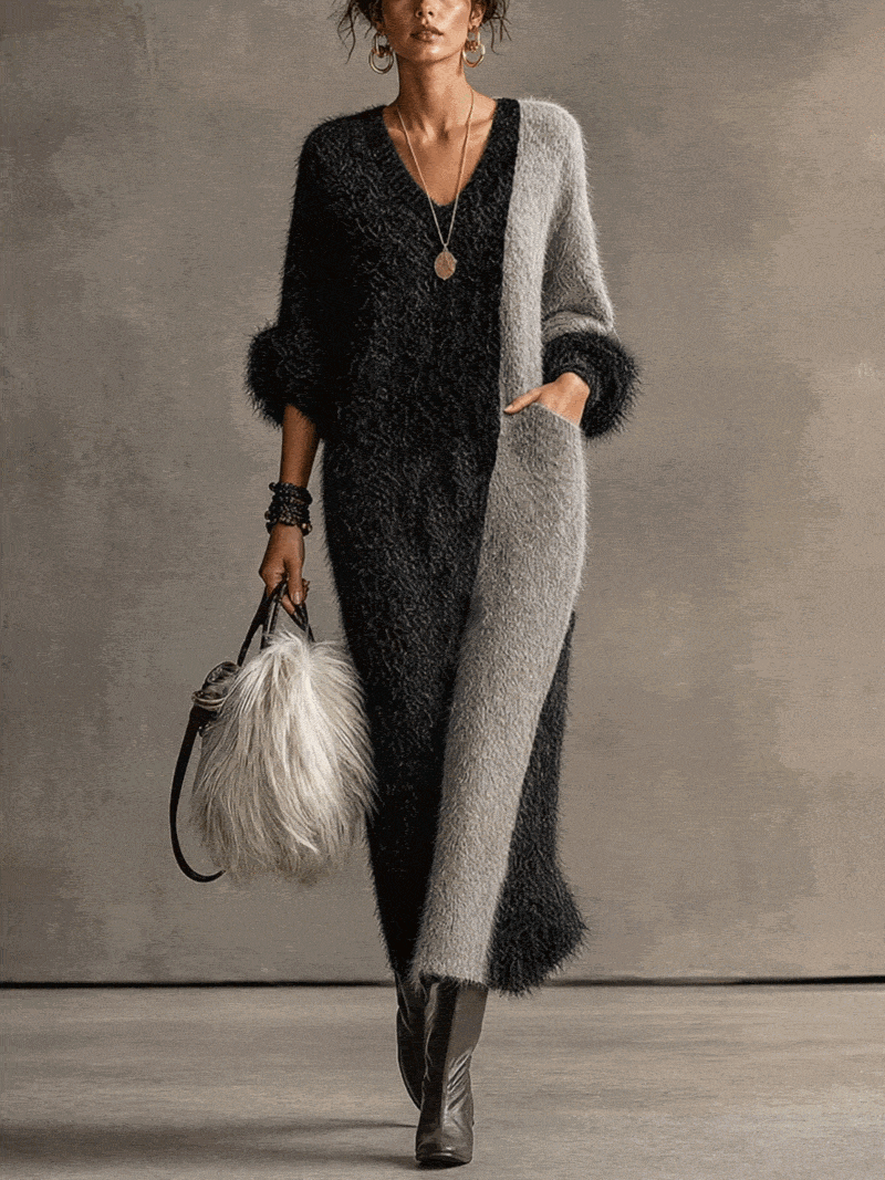 Black And Gray Fuzzy Colorblock  Knit Maxi Dress