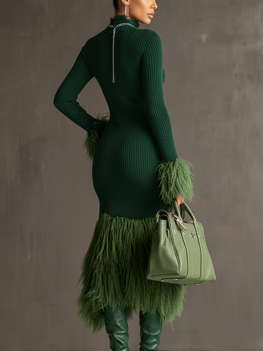 Emerald Knit Patchwork Eco Faux Fur Long Sleeve Bodycon Dress