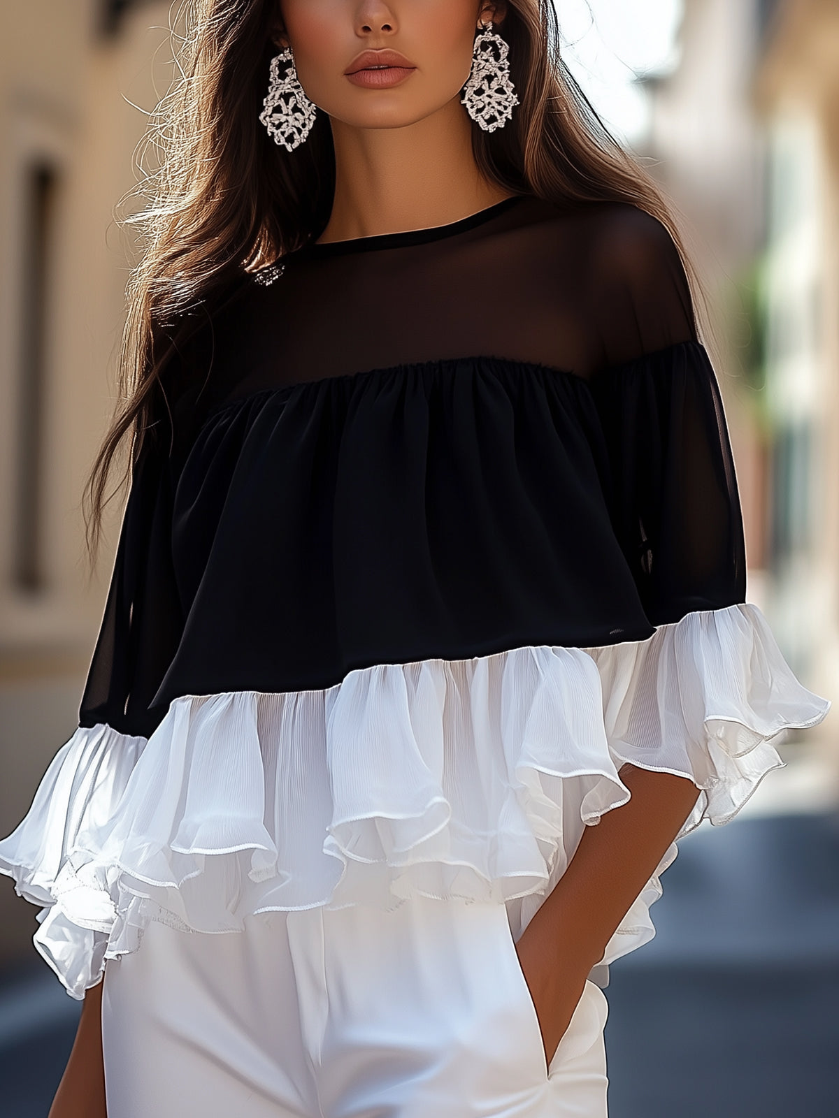 Black Chiffon Shirt With White Ruffle Trim At Hem And Cuffs