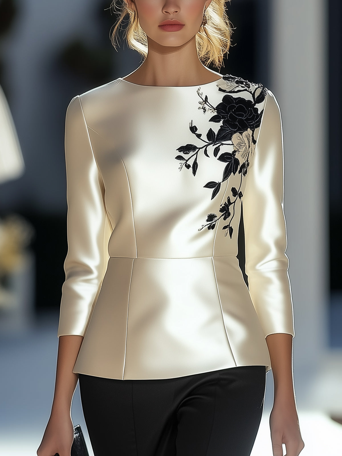 White Satin Top With Black Floral Embroidery Design On The Shoulders