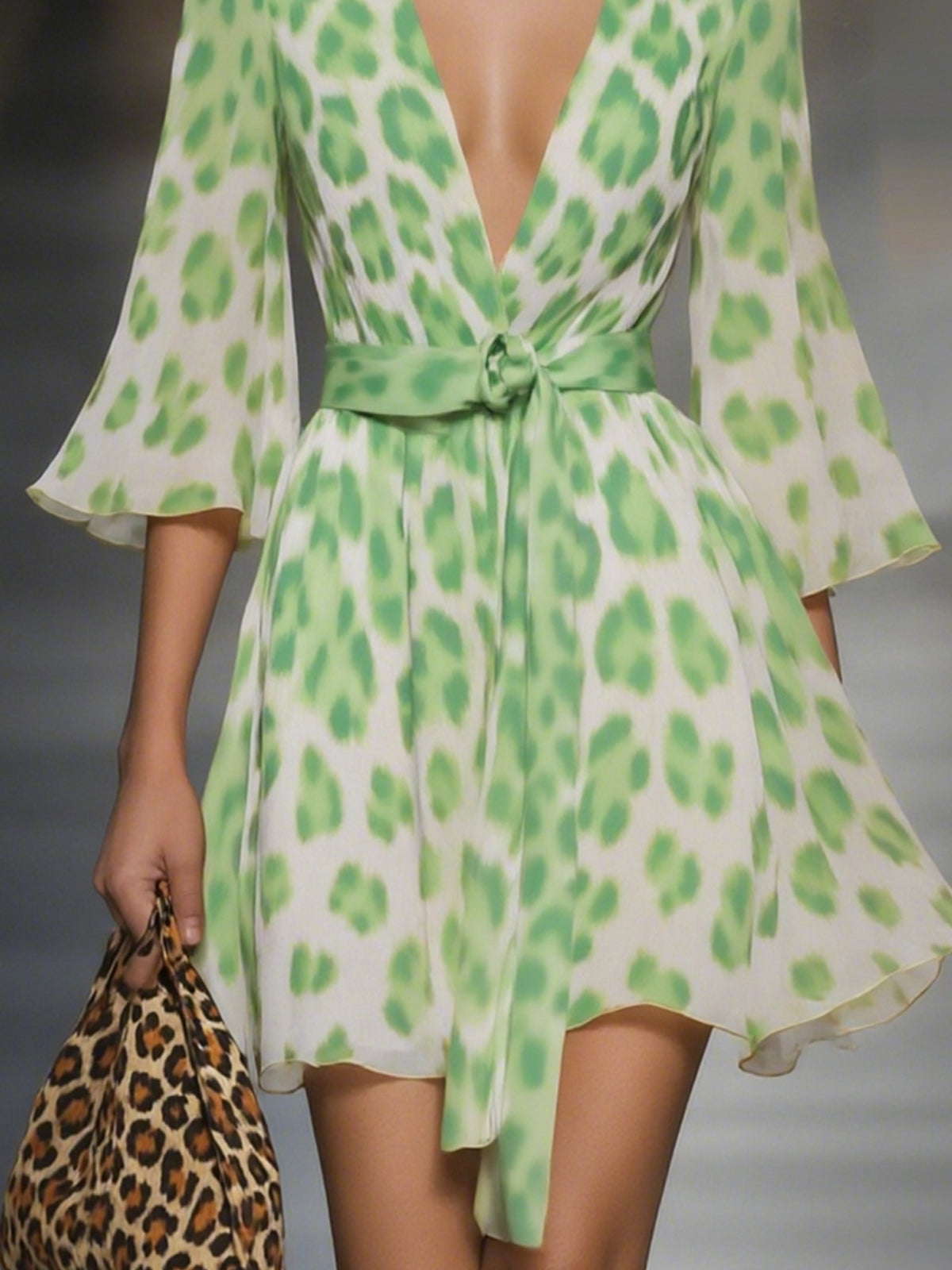 Leopard Print Flowy Chiffon Dress With Deep V-Neck And Belted Waist