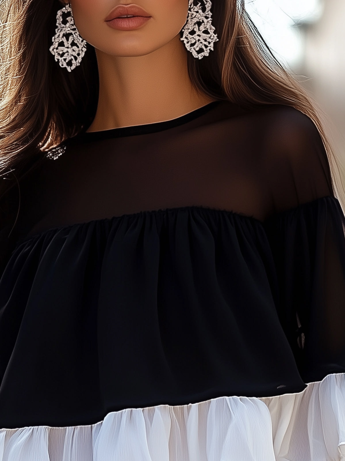 Black Chiffon Shirt With White Ruffle Trim At Hem And Cuffs