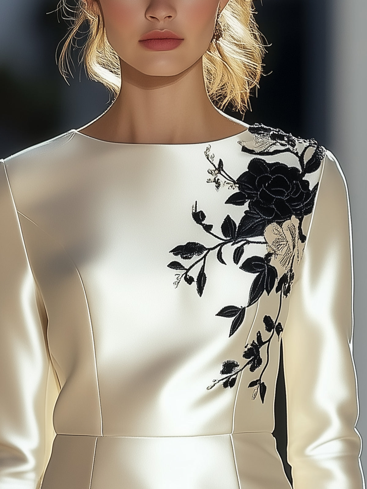 White Satin Top With Black Floral Embroidery Design On The Shoulders