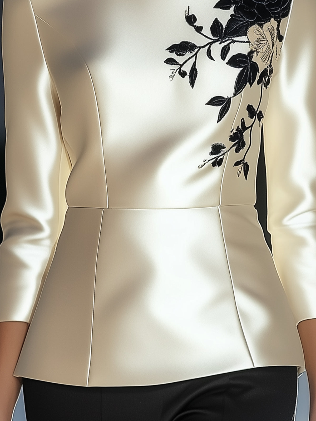 White Satin Top With Black Floral Embroidery Design On The Shoulders