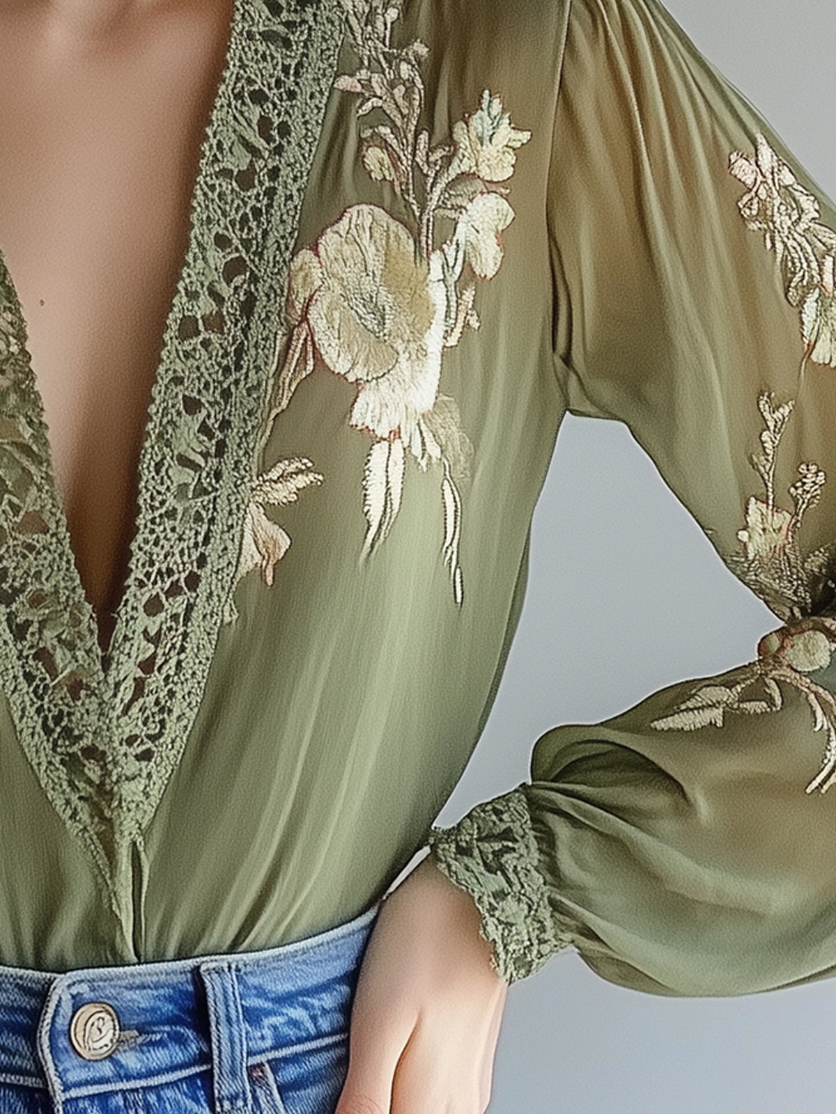 Army Green Floral Print V-Neck Blouse