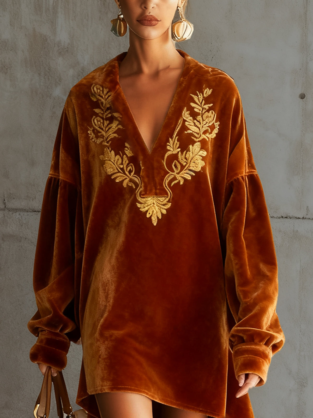 Orange Velvet Tunic Dress With Gold Embroidery
