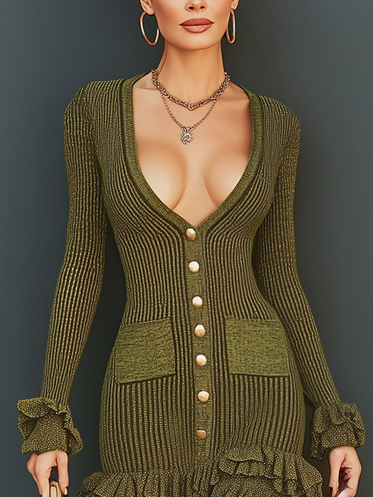 Olive Ribbed Knit Ruffle Hem Mini Dress