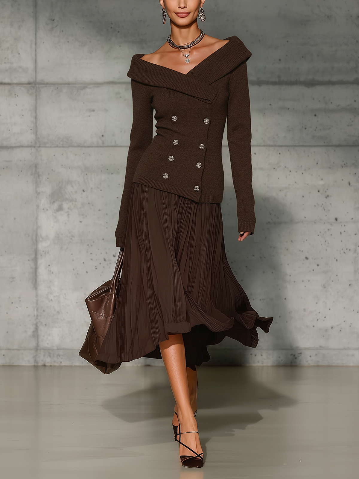 Brown Off-Shoulder Knit Buttoned  Midi Dress