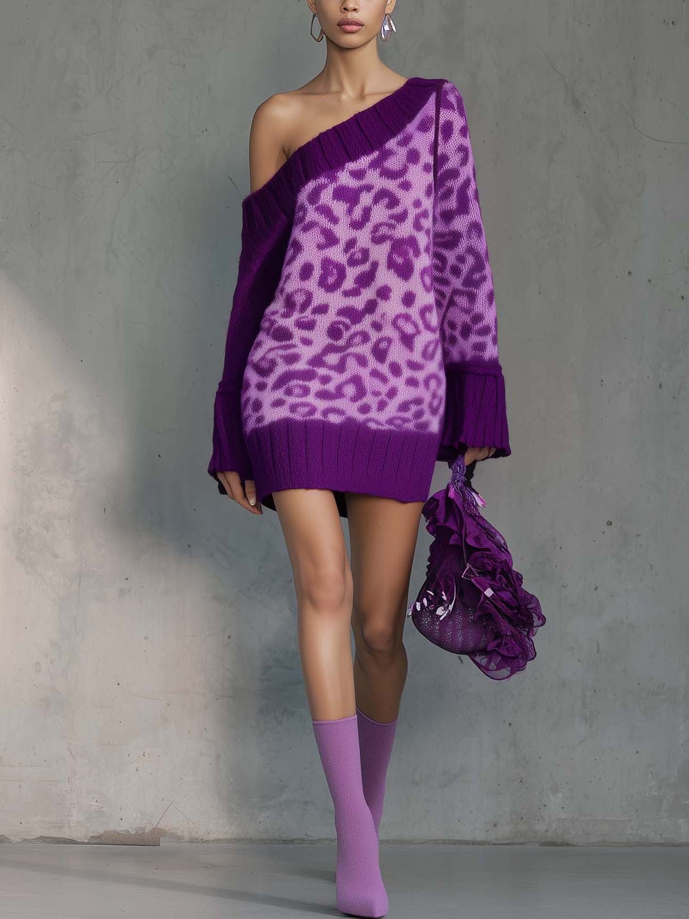 One Shoulder Purple Knit Mini Dress With Leopard Print