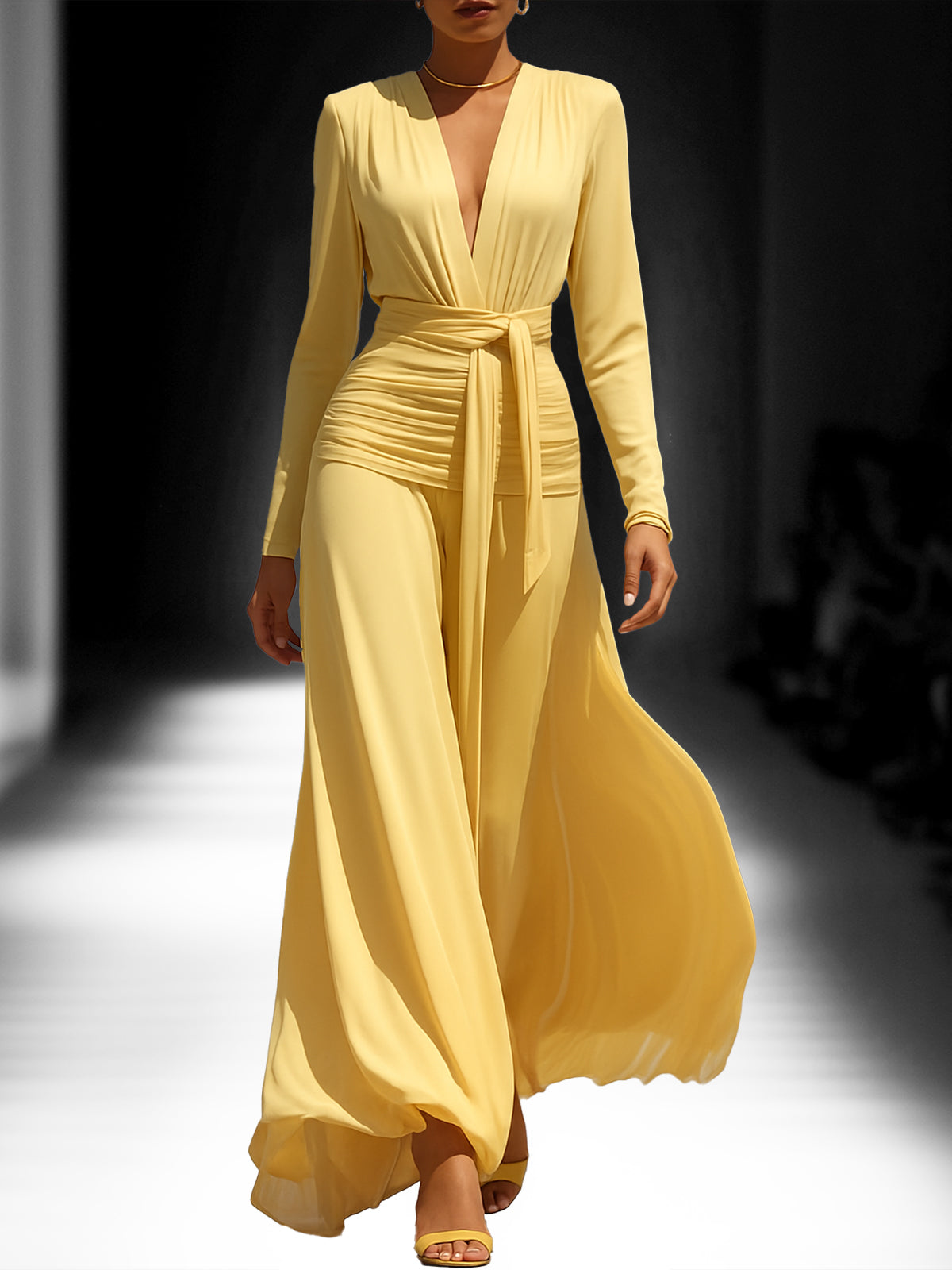 Yellow Deep V-Neck Long Sleeve Dress