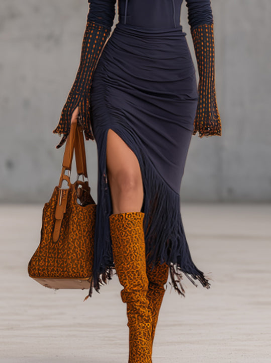 Blue Draped Hoodie Fringe Midi Dress With Contrast Sleeves